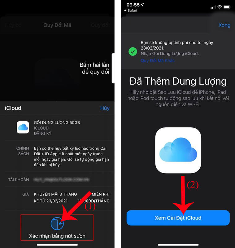 Xác nhận giao dịch và ấn nút Xem cài đặt iCloud
