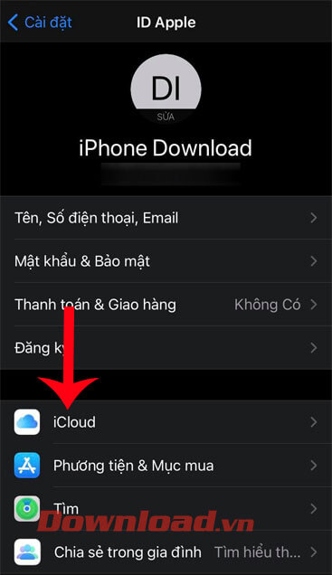 Nhấn vào mục iCloud