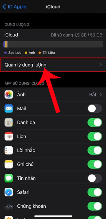 Chạm vào mục Quản lý dung lượng 