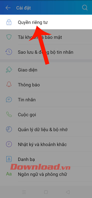 Chạm vào mục Quyền riêng tư