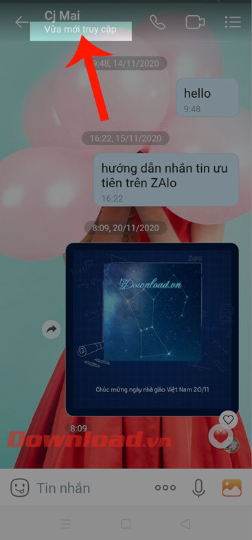 Thông báo "Vừa mới truy cập" vẫn hiển thị