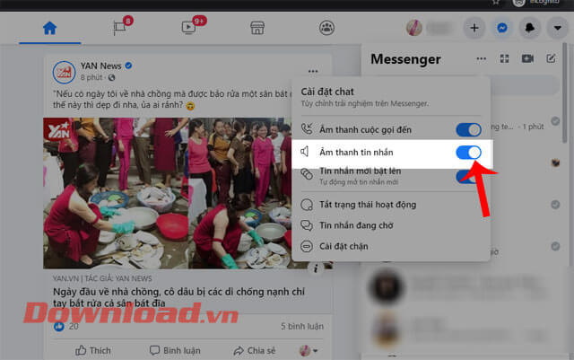 Gạt công tắt tại mục Âm thanh tin nhắn