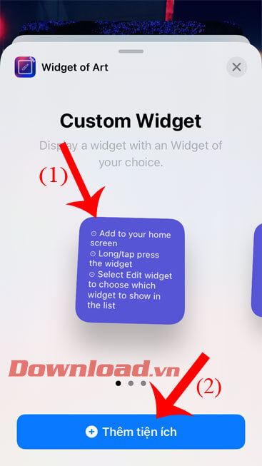 Chọn kiểu widget, sau đó chạm vào nút Thêm tiện ích