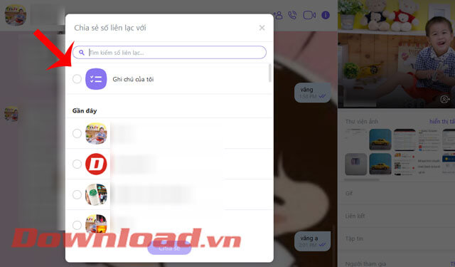 Chọn nơi để chia sẻ liên hệ