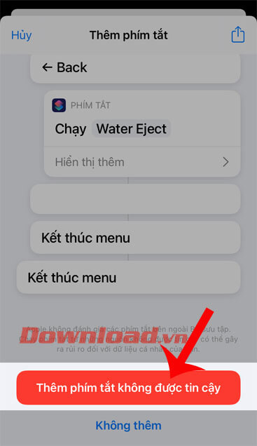 Ấn nút Thêm phím tắt không tin cậy