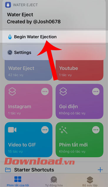 Chọn mục Begin Water Ejection