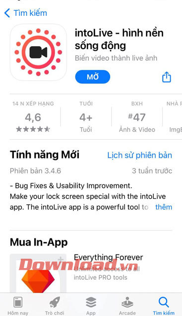 Mở ứng dụng intoLive