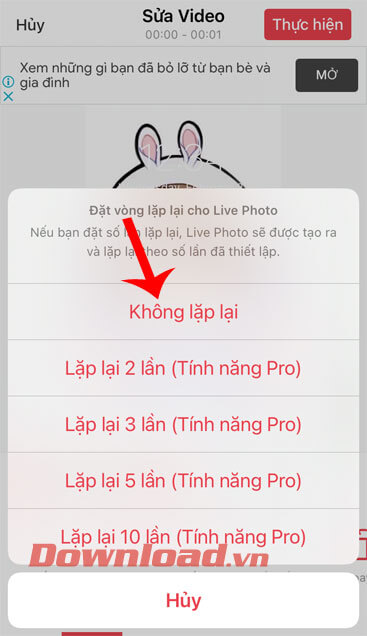 Chọn mục Không lặp lại