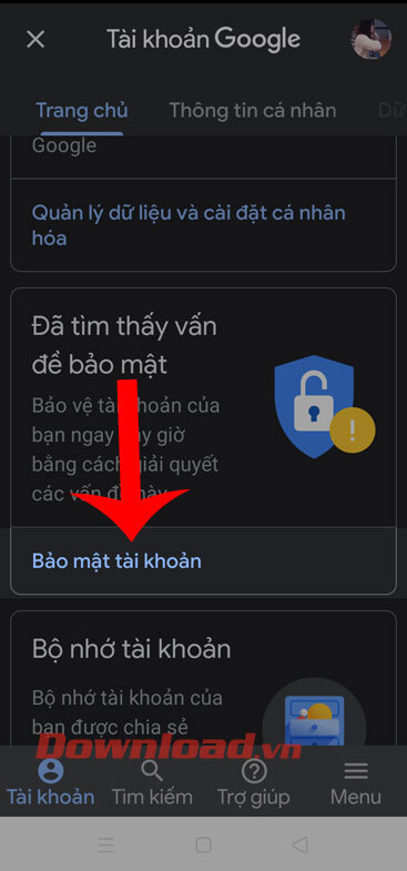 Chạm vào vào mục Bảo mật tài khoản