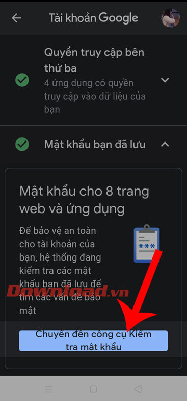 Ấn nút Chuyển đến công cụ Kiểm tra mật khẩu