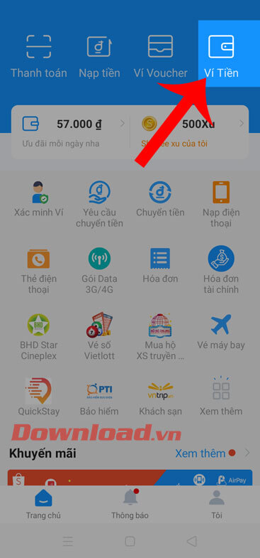 <p><strong>Bước 2:</strong> Tại giao diện chính của ứng dụng, nhấn vào mục<strong> Ví tiền</strong>