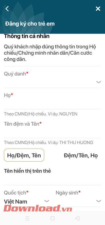 Điền thông tin của trẻ em