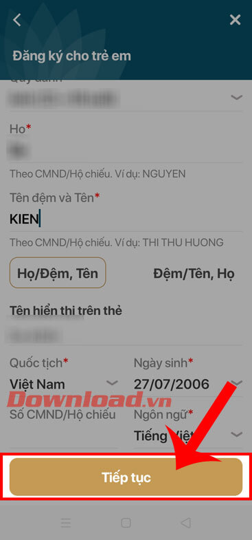 Ấn nút Tiếp tục