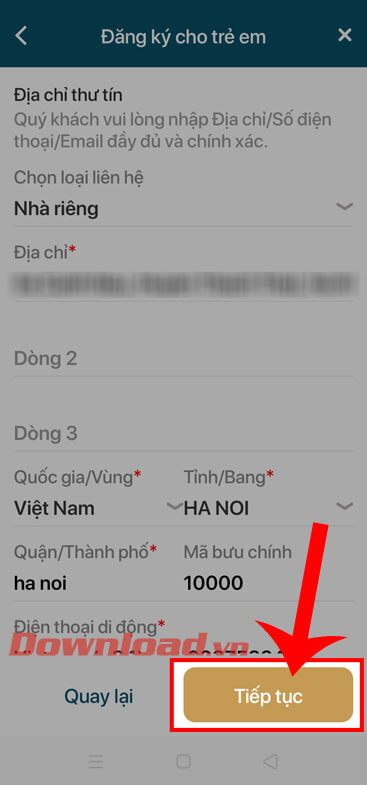 Chạm vào nút Tiếp tục