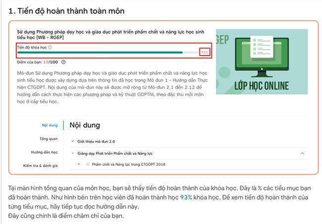Tiến độ hoàn thành toàn môn
