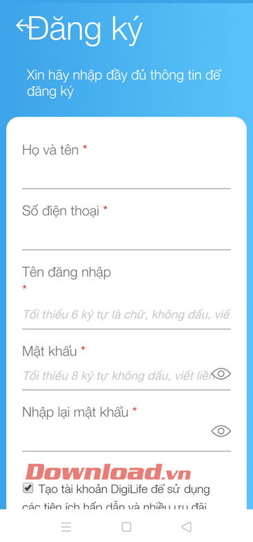 Điền thông tin tài khoản