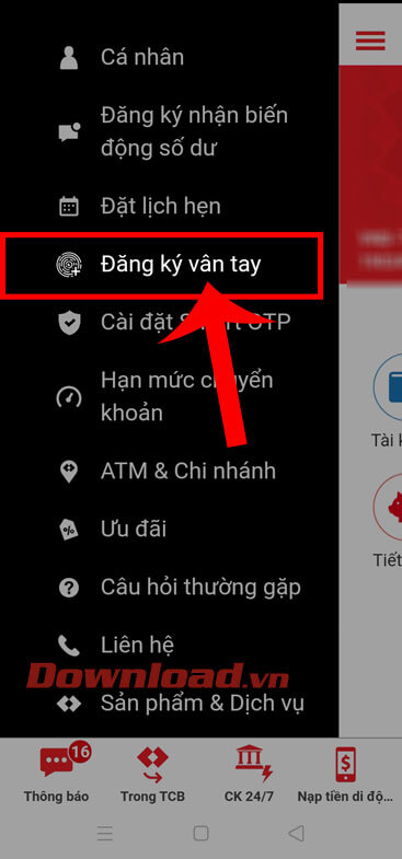Nhấn vào mục Đăng ký vân tay