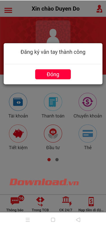 Đăng ký vân tay thành công