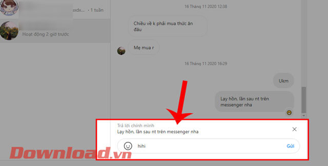 Nhập nội dung tin nhắn trả lời