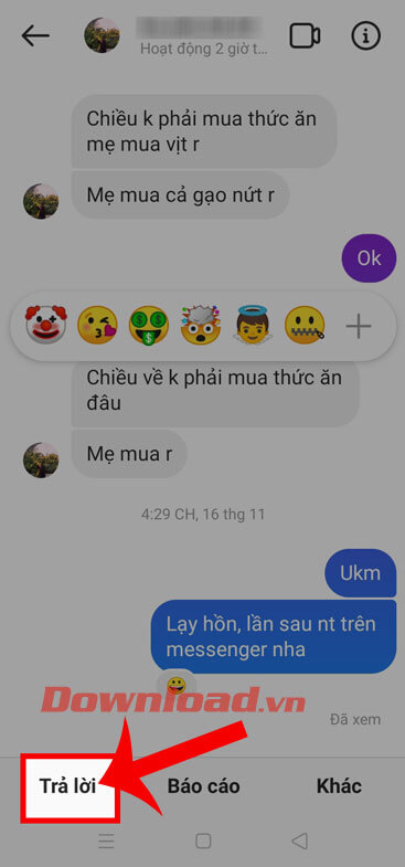 Ấn vào nút Trả lời