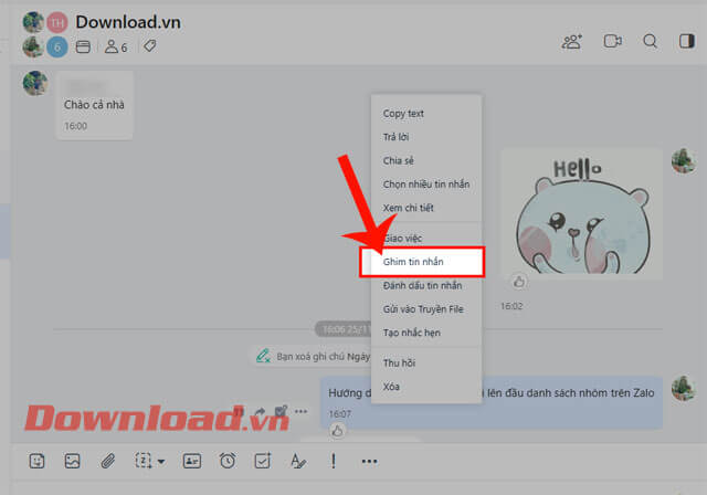 Nhấn vào nút Ghim tin nhắn
