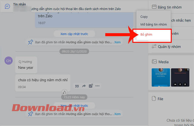 Ấn vào mục Bỏ ghim 