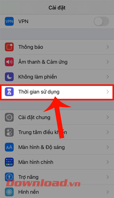 Ấn vào mục Thời gian sử dụng 