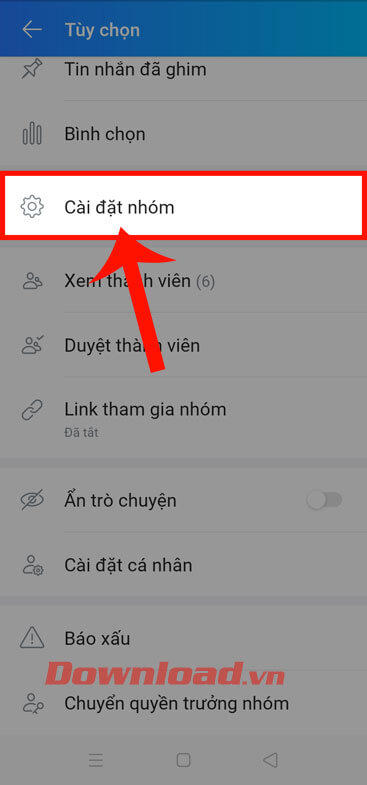 Ấn vào mục Cài đặt nhóm 