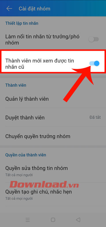 Gạt công tắc tại mục Thành viên mới xem được tin nhắn cũ