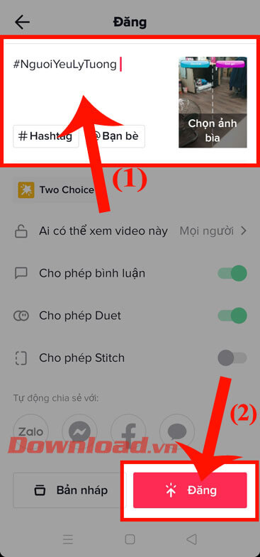 Viết caption và nhấn nút Đăng