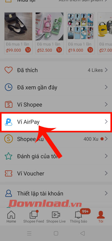 Nhấn vào mục Ví AirPay
