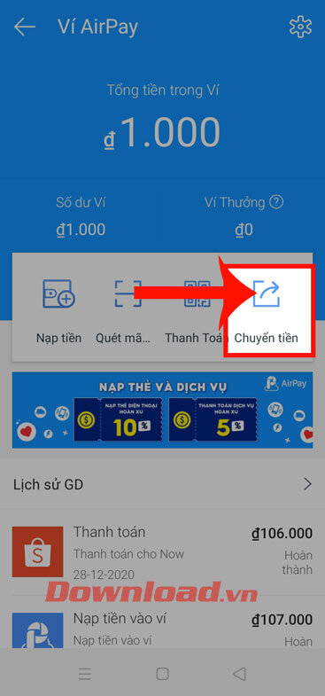 Ấn vào mục Chuyển tiền
