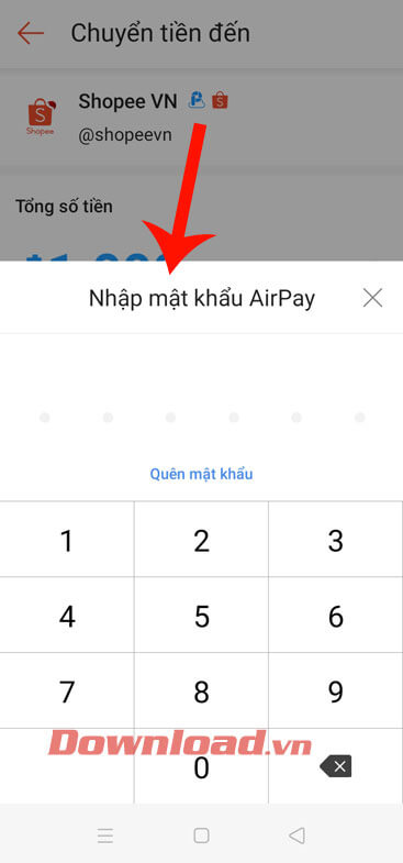 Nhập mật khẩu tài khoản AirPay