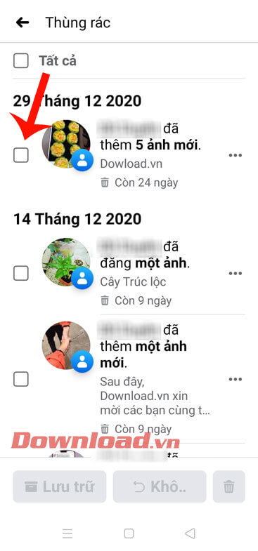 Chạm vào bài viết mà mình muốn khôi phục