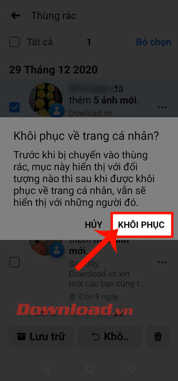 Tiếp tục chạm vào nút Khôi phục