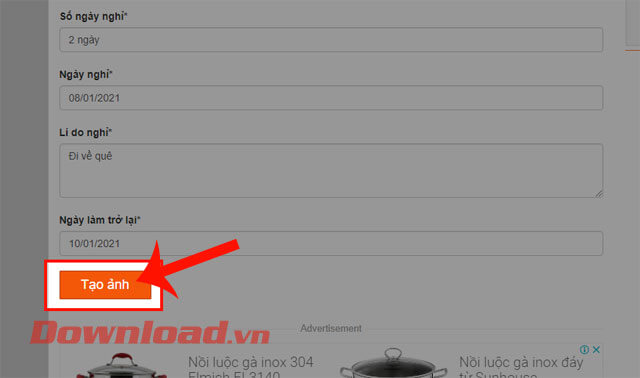 Click chuột vào nút Tạo ảnh 