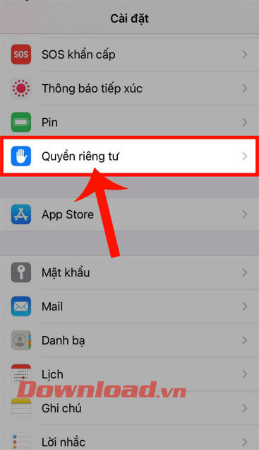 Ấn vào mục Quyền riêng tư