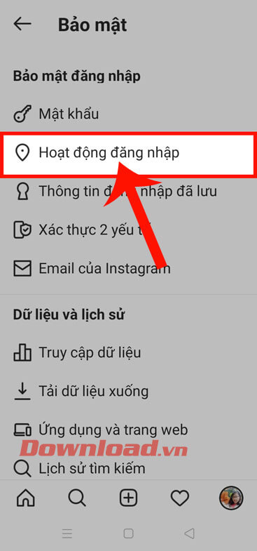 Chạm vào mục Hoạt động đăng nhập