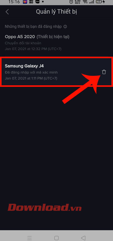 Ấn vào biểu tượng thùng rác