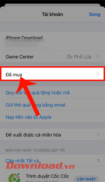 Ấn vào mục Đã mua