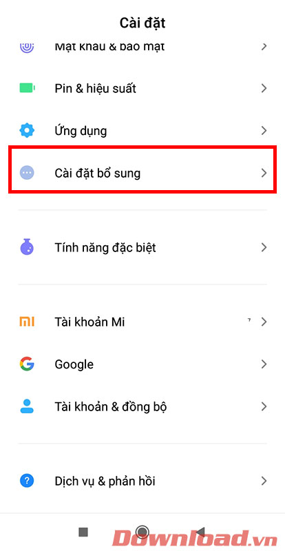 Cài đặt bổ sung