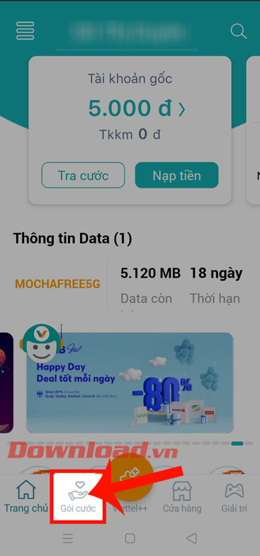 Nhấn vào mục Gói cước