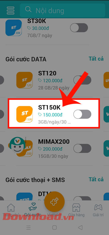 Ấn vào gói cước ST150K