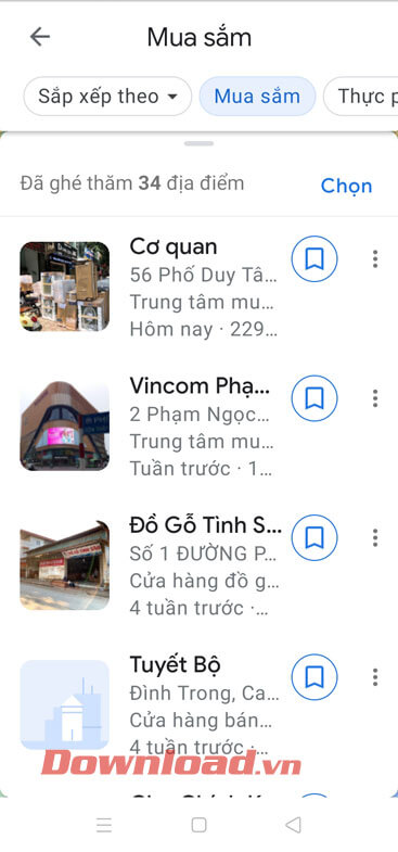 Danh sách các địa điểm đã đến