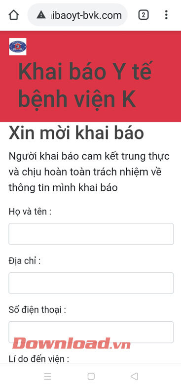 Điền tờ khai báo Y tế của bệnh viện K