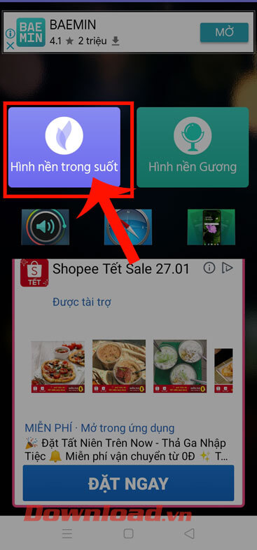 Tiếp tục nhấn nút Hình nền trong suốt