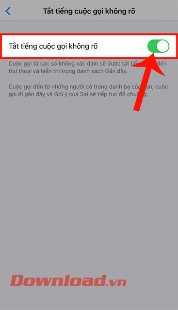 Gạt công tắc tại mục Tắt tiếng cuộc gọi không rõ