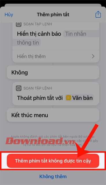 Nhấn vào nút Thêm phím tắt không được tin cậy