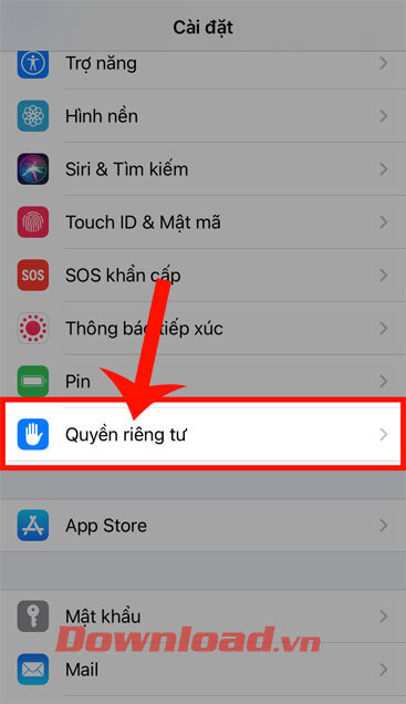 Ấn vào mục Quyền riêng tư