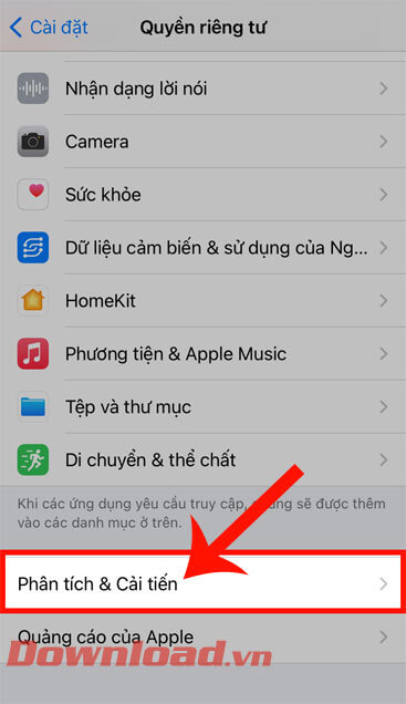 Chạm vào mục Phân tích & Cải tiến